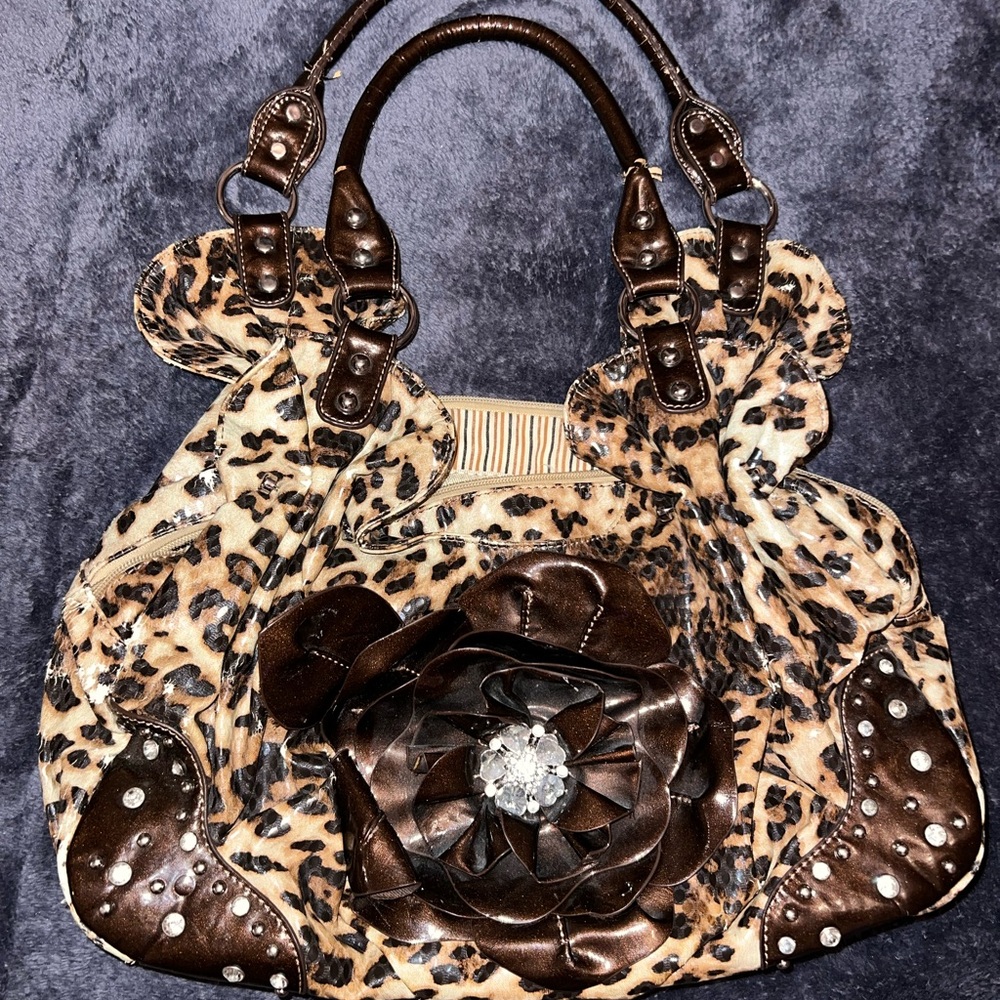 Blinged out Y2K Leopard Print Women's Handbag featuring a Brown Flower